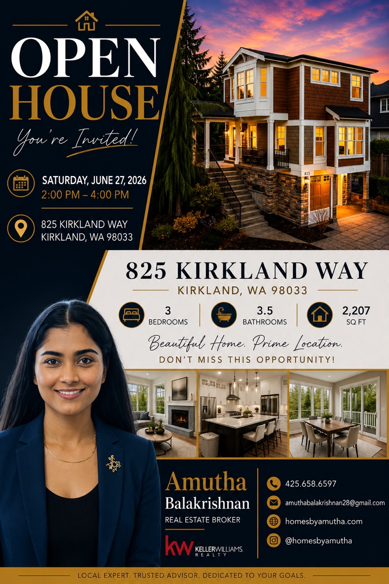 Open House — 825 Kirkland Way, Kirkland, WA 98033. Saturday June 27th 2026, 2–4 PM. 3 bed, 3.5 bath, 2,207 sqft Kirkland home.